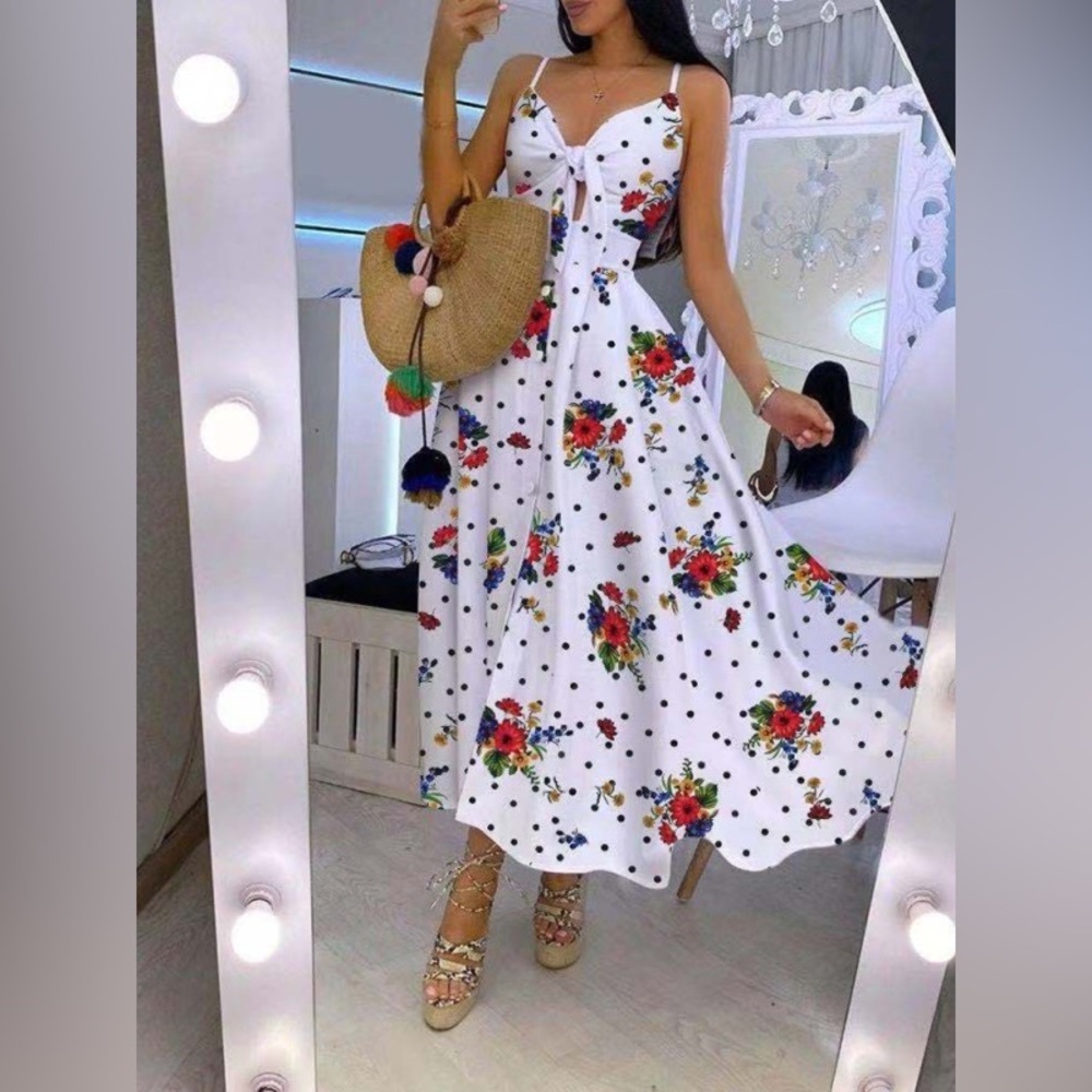 Chic Me Spaghetti Strap Cut Up V-neck Maxi Dress Size L Floral - Picture 2 of 13